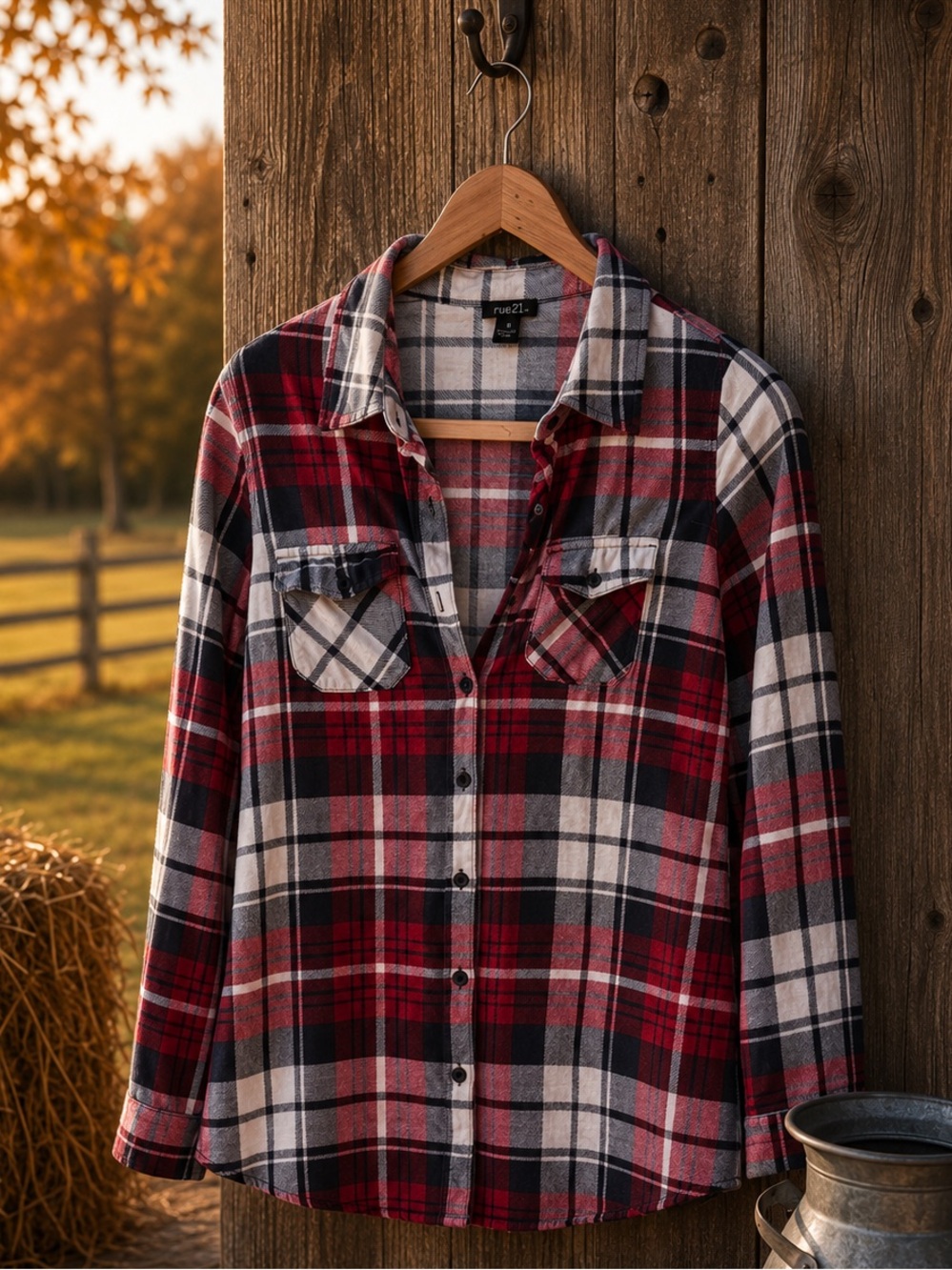 Rue21 Women's XL Red Black Plaid Button Front Flannel Shirt Long Sleeve